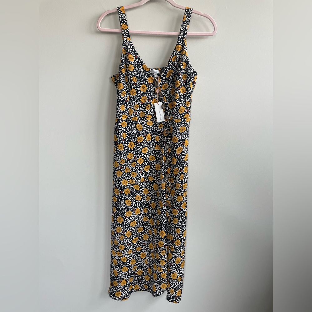Heartloom Razi Buttercup Floral Asymmetrical Button Front V-Neck Midi Dress
